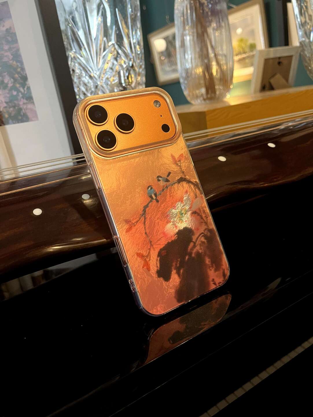 Chinoiserie Magpie & Peony Oriental Ink Painting Laser Metallic Silicone Case-YX