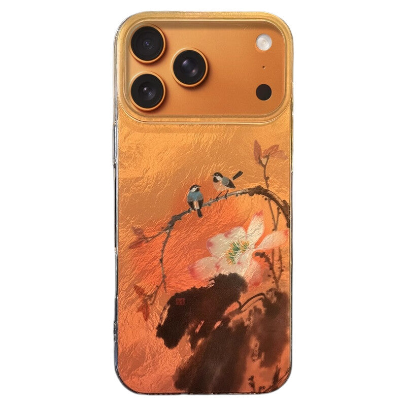 Chinoiserie Magpie & Peony Oriental Ink Painting Laser Metallic Silicone Case-YX