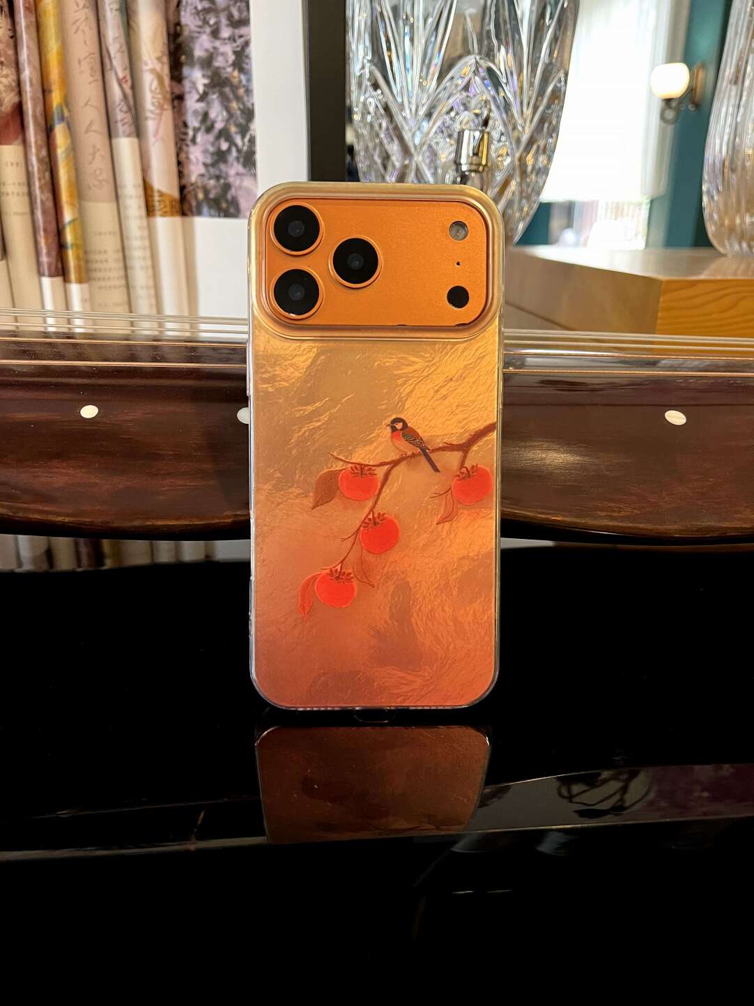 Chinoiserie "Good Things Happen" Persimmon & Magpie Laser Metallic Silicone Case-YX