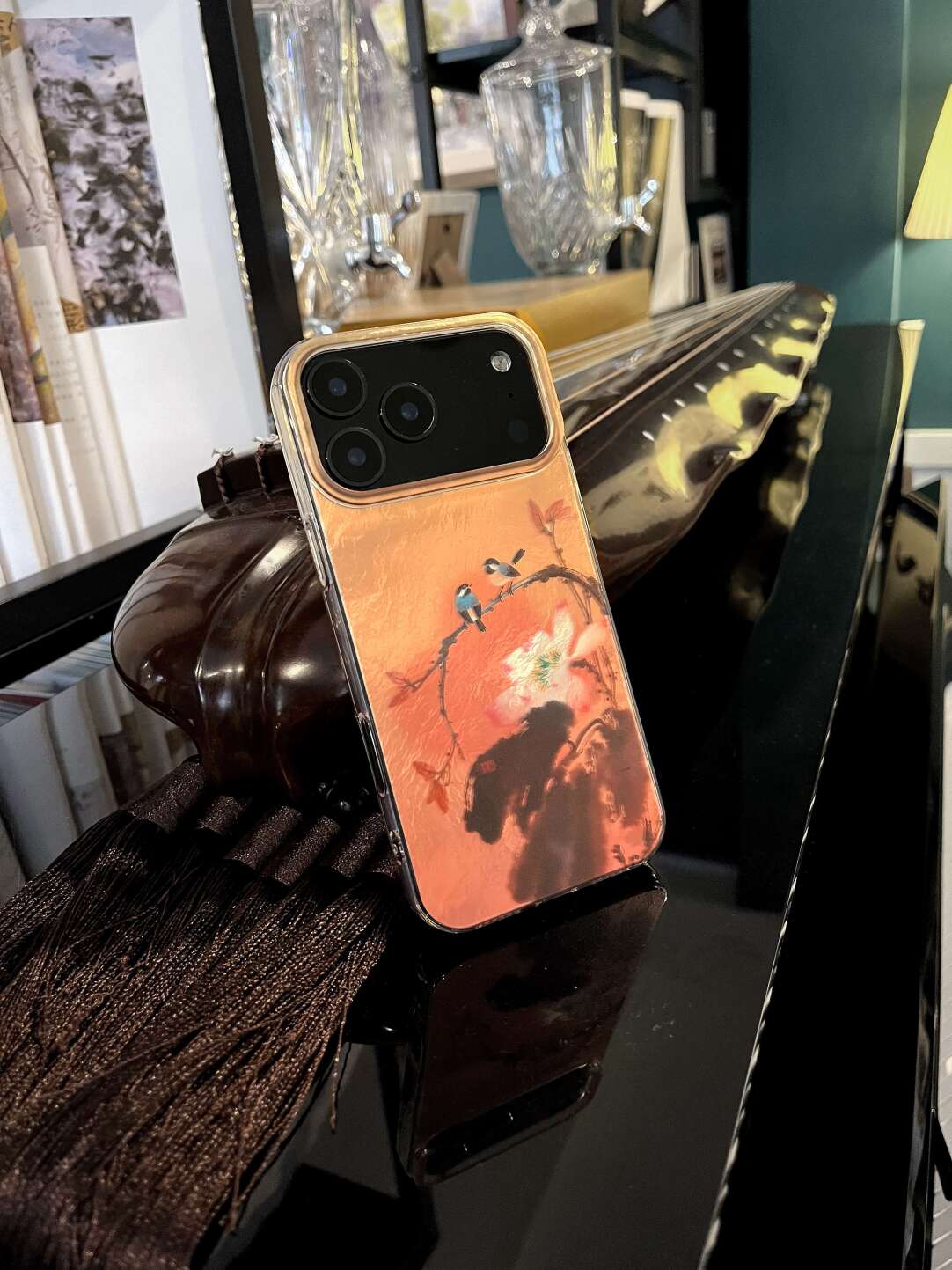 Chinoiserie Magpie & Peony Oriental Ink Painting Laser Metallic Silicone Case-YX