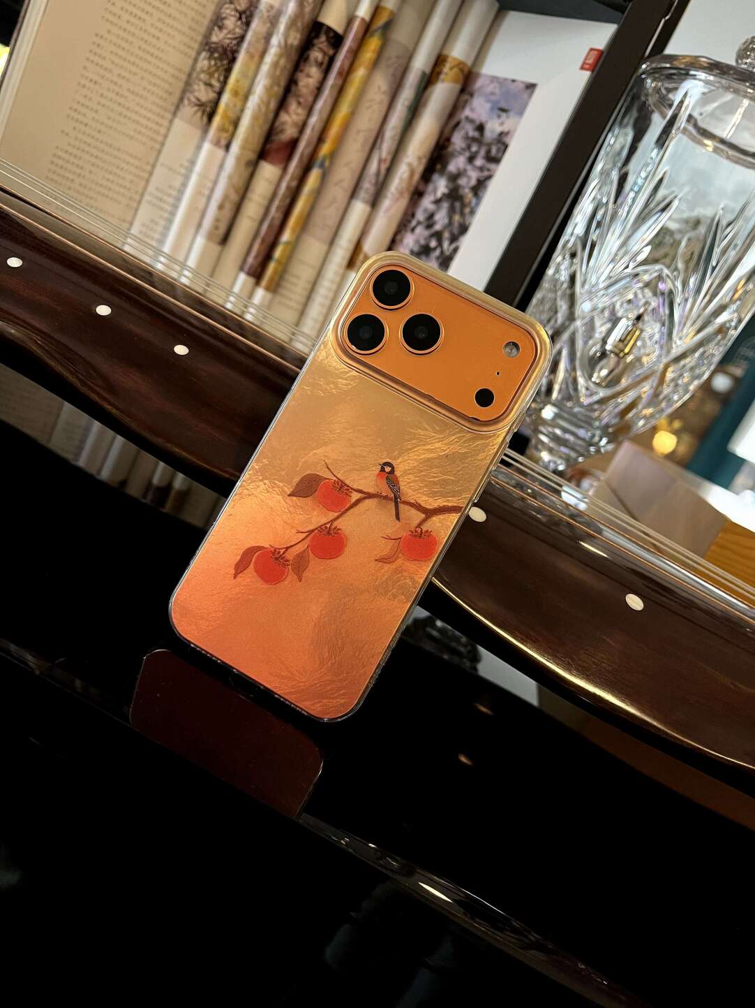 Chinoiserie "Good Things Happen" Persimmon & Magpie Laser Metallic Silicone Case-YX
