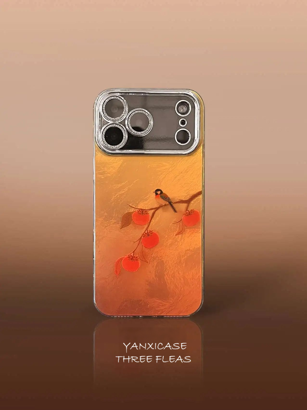 Chinoiserie "Good Things Happen" Persimmon & Magpie Laser Metallic Silicone Phone Case-YX