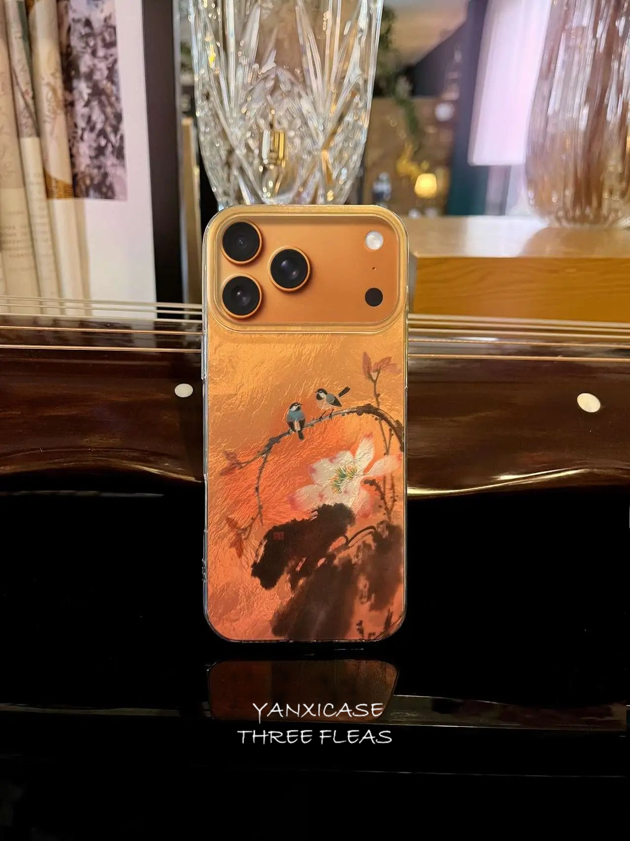 Chinoiserie Magpie & Peony Oriental Ink Painting Laser Metallic Silicone Case-YX