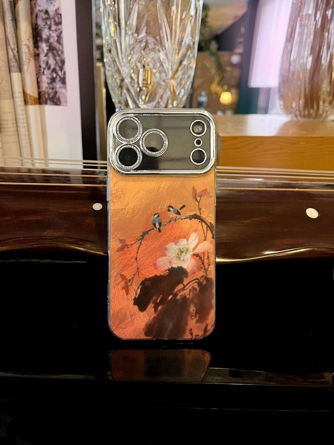 Chinoiserie Magpie & Peony Oriental Ink Painting Laser Metallic Silicone Case-YX